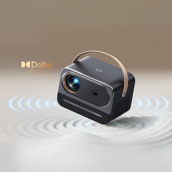 Portable projector with a stylish design on a neutral background.