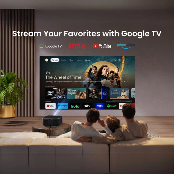 Family watching Google TV on a Yaber Projector K3/K3Pro