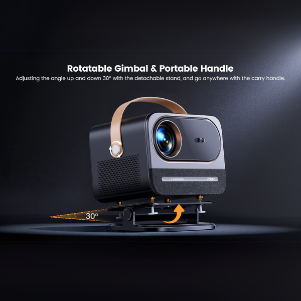 Portable projector with rotatable gimbal and handle on dark background