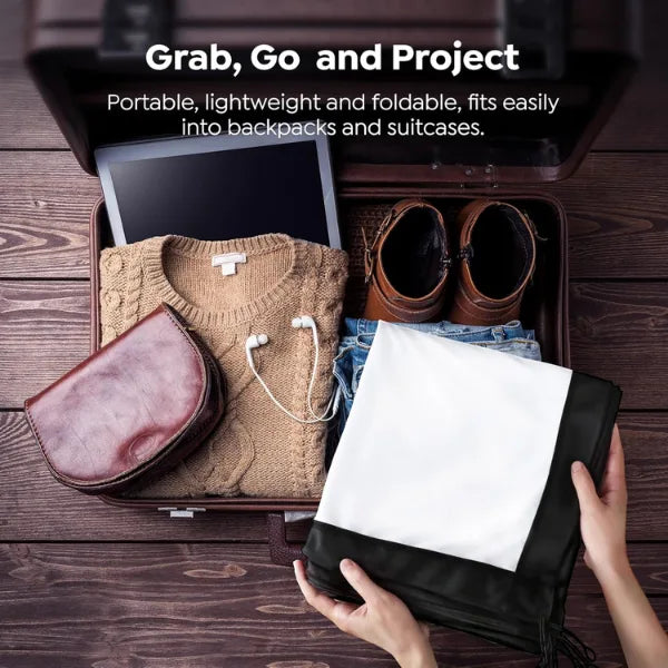 Portable projector case with accessories on a wooden surface, text overlay about portability and ease of use.