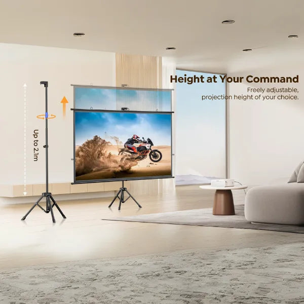 Projector screen with stand in a living room setting, displaying a motorcycle on screen.