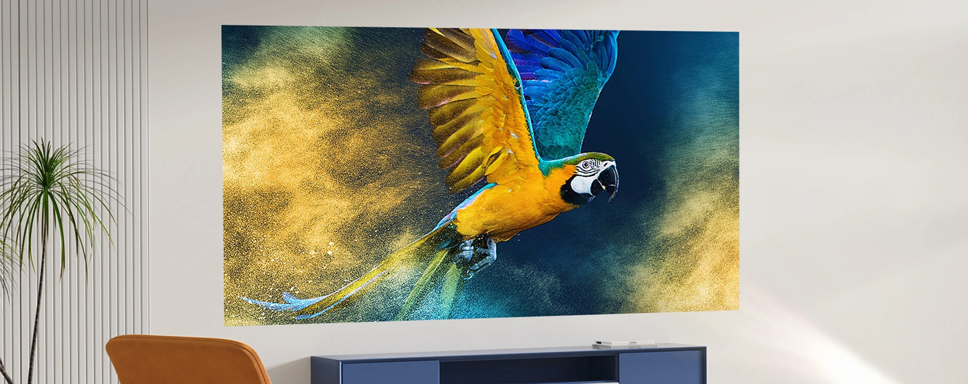 Large wall mural of a parrot in flight on a white wall.