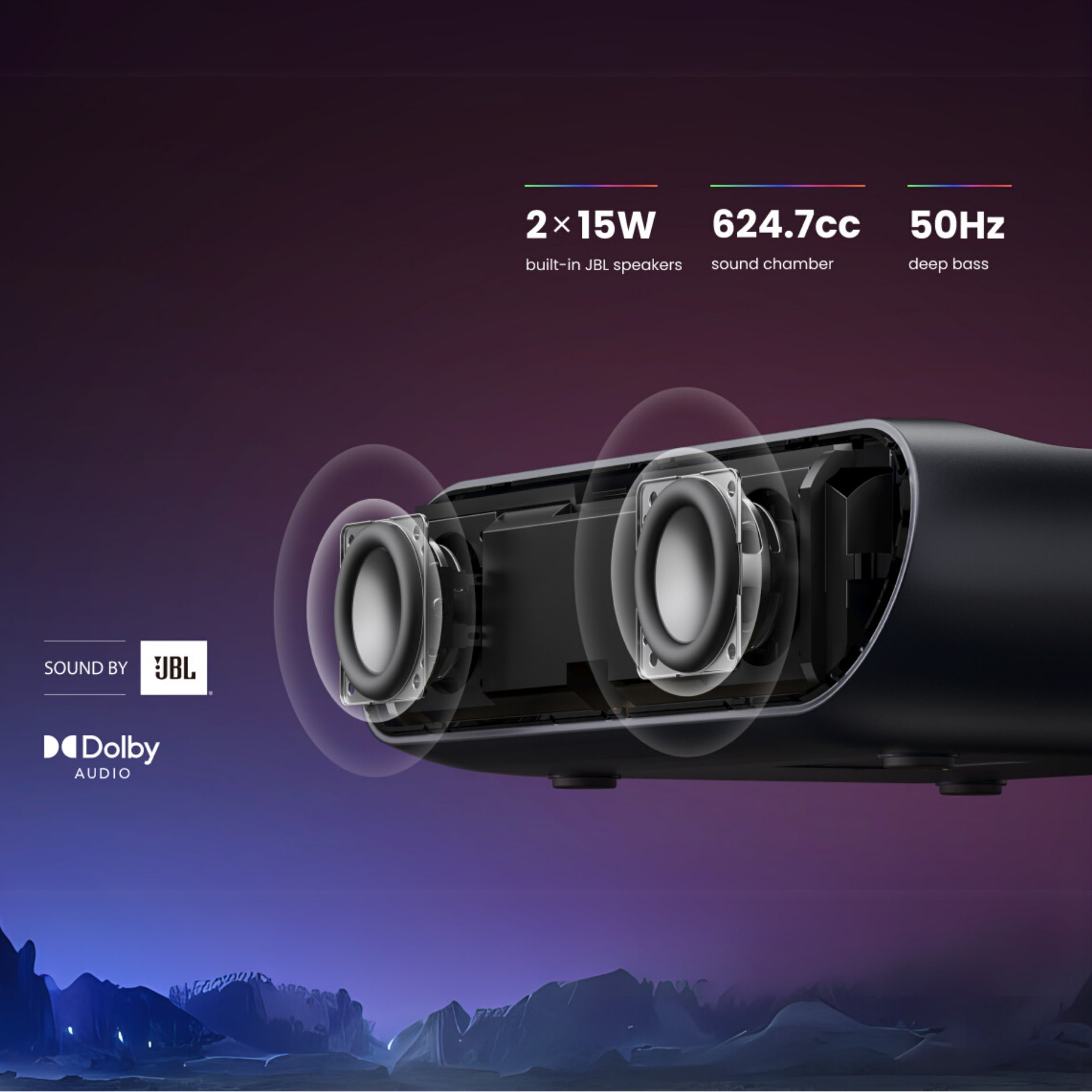Speaker with technical specifications on a dark background