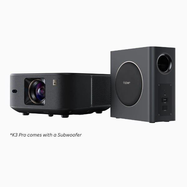 Yaber K3 Pro projector with a Sony subwoofer on a white background