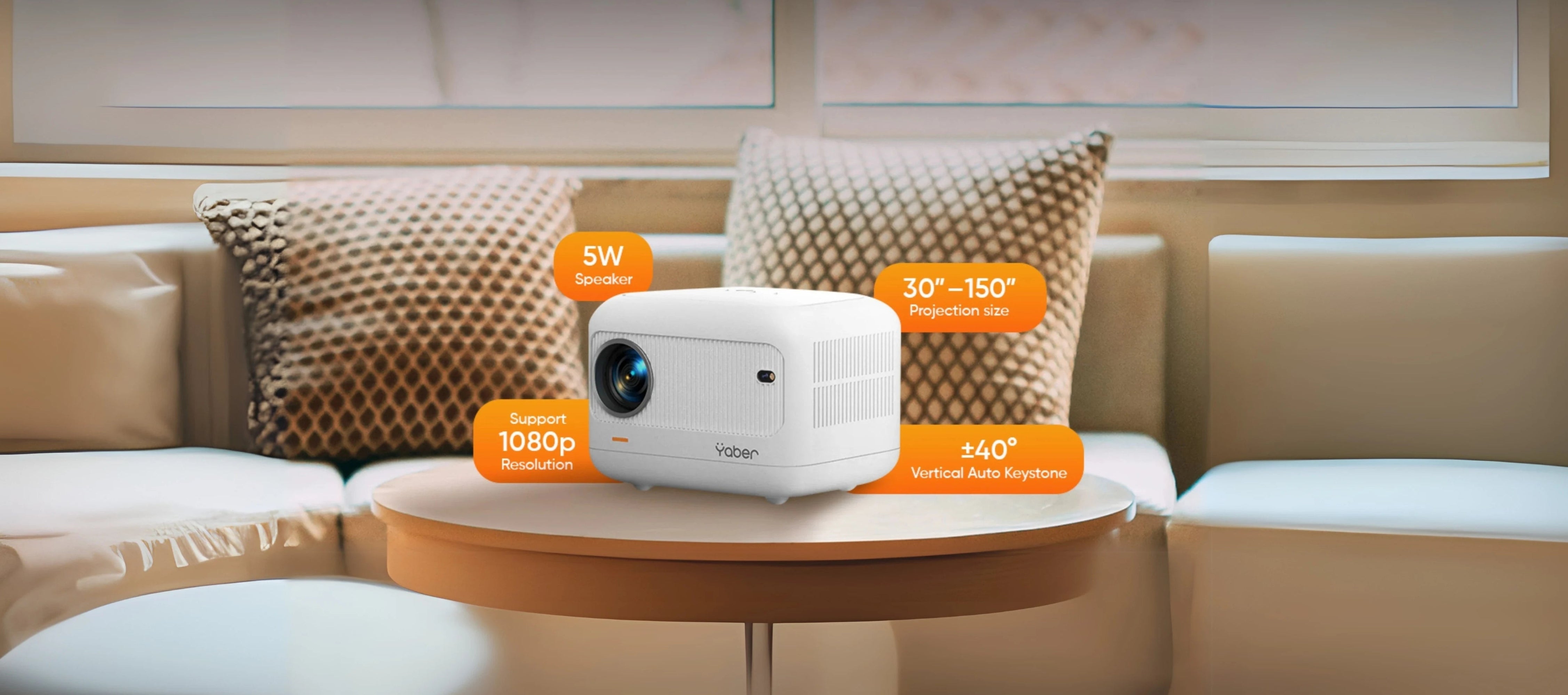 White Yaber L1 projector on a wooden table displaying the specifications