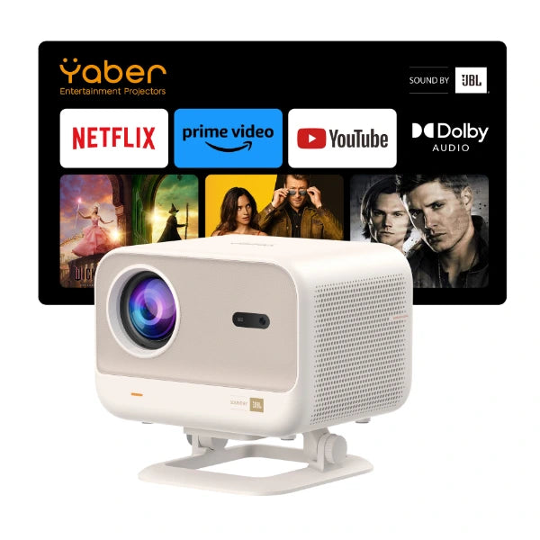 White projector with screen displaying streaming platform logos on a white background
