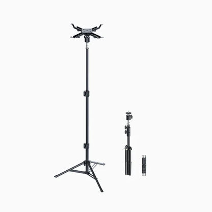 Black adjustable stand with a tablet holder on a white background