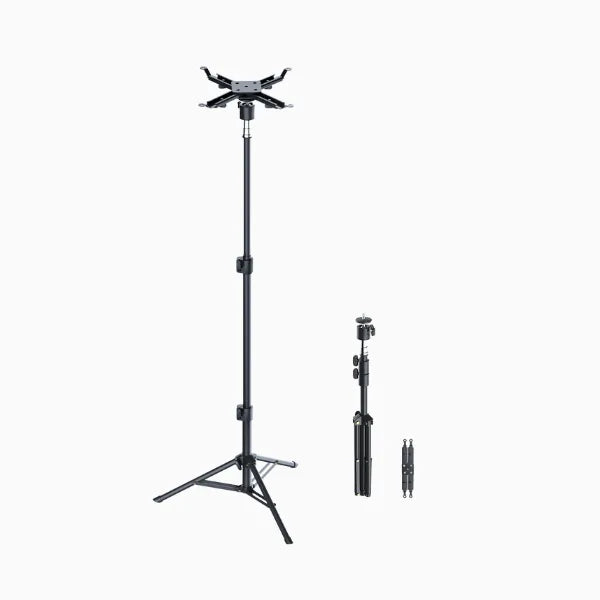 Black adjustable stand with a tablet holder on a white background
