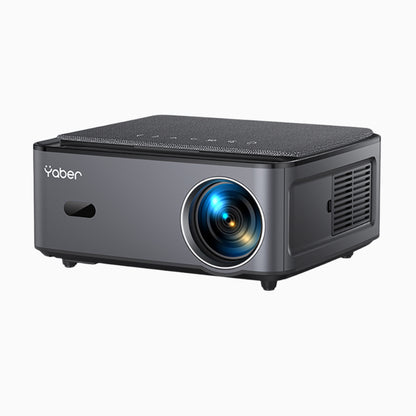 Black Yaber projector with lens on a white background