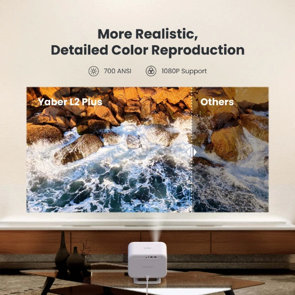 Yaber L2 Plus projector displaying a scenic image of water flowing over rocks highlighting it's features compare to others.