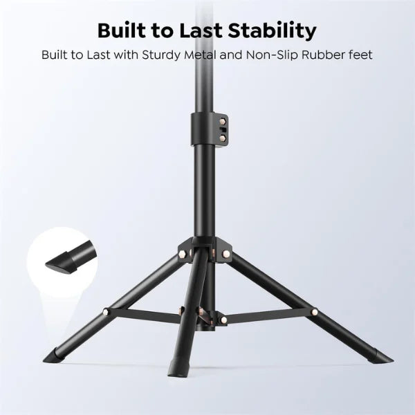 Black tripod stand with text 'Built to Last Stability' on a light gray background