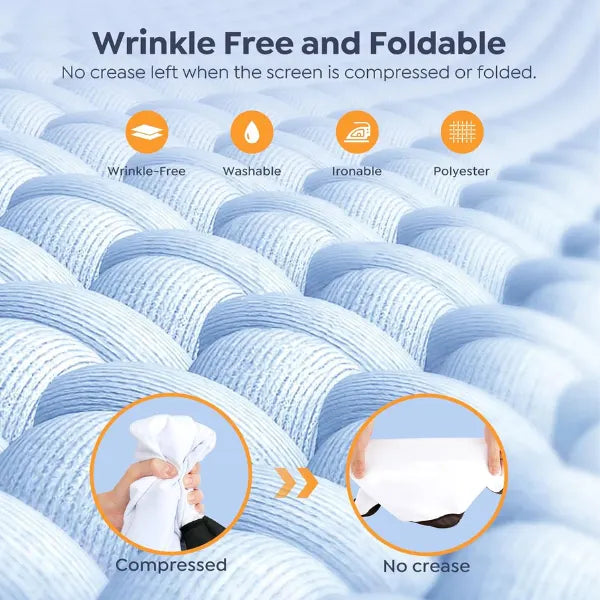 Wrinkle-free fabric with compression and no-crease features on a blue background